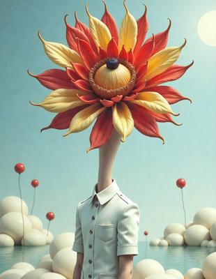 The primary subject of the image is a person wearing a white shirt and a hat with a large flower on top of their head. The setting is a garden with a blue sky in the background. The visual style is a combination of digital art and illustration, creating a whimsical and imaginative scene. The colors are predominantly white and yellow, giving the image a cheerful and lively atmosphere.